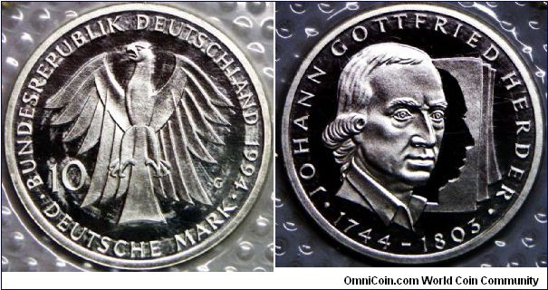 Germany - Federal Republic, 10 Mark, 1994G. Subject: 250th Birth Anniversary - Johann Gottfried Herder. 15.5000 g, 0.6250 Silver, .3115 Oz. ASW., 33mm. Mintage: 450,000 units. PROOF.