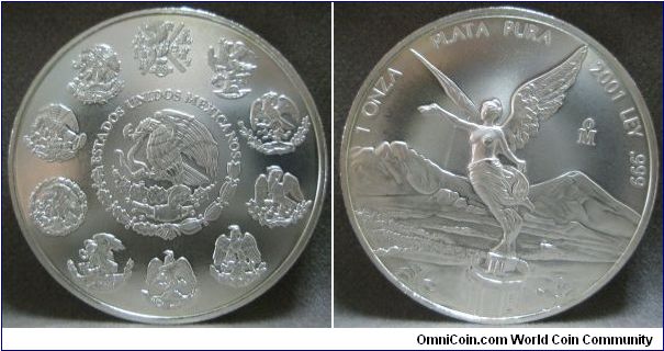 Mexico Silver Bullion Coinage, Libertad Series, 1 Onza (Troy Ounce of Silver), 2001. 31.1000 g, 0.9990 Silver, 1.0000 Oz. ASW. Obverse: National arms, eagle left within center of past & present arms. Reverse: Winged Victory.Brilliant Uncirculated.