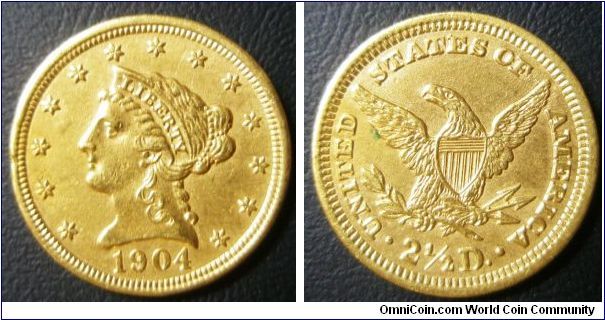 United States, Coronet Head, 2 1/2 Dollars (Quarter Eagle), 1904. 4.1800 g, 0.9000 Gold, .121 Oz. AGW., 18mm. Mintage: 169,960 units. AU.