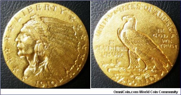 United States, Indian 2 1/2 Dollars (Half Eagle), 1910.UNC.