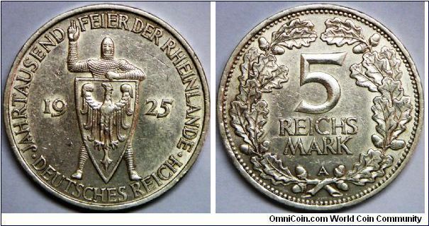 Germany - Weimar Republic, 5 Reichsmark, 1925A. 25.0000 g, 0.5000 Silver, .4019 Oz. ASW., 37mm. Subject: 1000th Year of the Rhineland. Obv: Armored figure behind shield, right arm raised. Mintage: 684,000 units. XF. Quite scarce. (Note: 'J' mint mark is the scarcest type) [SOLD]