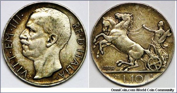 Rare, Key date. Vittorio Emanuele III (1900 - 1946), 10 Lire, 1926R. 10.0000 g, 0.8350 Silver, .2684 Oz. ASW. Mintage: 1,748,000 units. About EF to EF. Toned.
