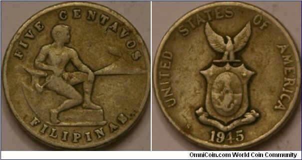 5 Centavos, last year of US territory coinage, 19 mm