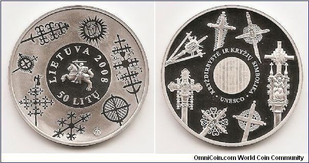 50 Litas KM#153
coin
issued for participation in
the Silver Coin programme
“Europe. European Cultural Heritage” Silver Ag 925 Quality proof 
Diameter 38.61 mm
Weight 28.28 g. The obverse of the coin features monuments of Lithuania's cross crafting and its symbolism, included by UNESCO in the List of Masterpieces of the Oral and Intangible Heritage of Humanity in 2001. It also features the Coat of Arms of the Republic of Lithuania, encircled with theinscriptions  LIETUVA (Lithuania), 2008 and 50 LITŲ (50 litas). The reverse of the coin features monuments of Lithuania's cross crafting and its symbolism, included by UNESCO in the List of Masterpieces of the Oral and Intangible Heritage of Humanity in 2001. The central part of the reverse bears a latent image: the logo of the coin programme – a stylised elliptical composition of the symbol of the euro € and a star from the flag of the European Union, as well as a picture of one of the symbols of cross crafting. Around are the inscriptions KRYŽDIRBYSTĖ IR KRYŽIŲ SIMBOLIKA (Cross crafting and cross symbolism) and UNESCO. The edge of the coin: LIETUVOS BANKAS Designed by Rytas Jonas Belevicius 
Mintage 10,000 pcs
Issue 2008 The coin was minted at the UAB Lithuanian Mint.