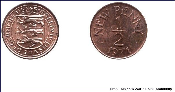 Guernsey, 1/2  new penny, 1971, Bronze, S-Ballivie Insvle Degernereve.                                                                                                                                                                                                                                                                                                                                                                                                                                              