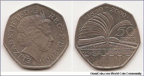 50 Pence 
KM#1004
8.0000 g., Copper-Nickel, 27.3 mm. Ruler: Elizabeth II Subject:
Public Library Obv: Head with tiara right Rev: Open book above
building, CDs in pediment Edge: Plain edge