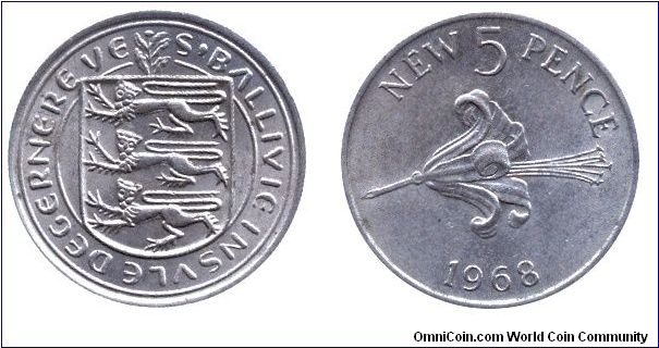 Guernsey, 5 new pence, 1968, Cu-Ni, Guernsey Lilly, S-Ballivie Insvle Degernereve.                                                                                                                                                                                                                                                                                                                                                                                                                                  