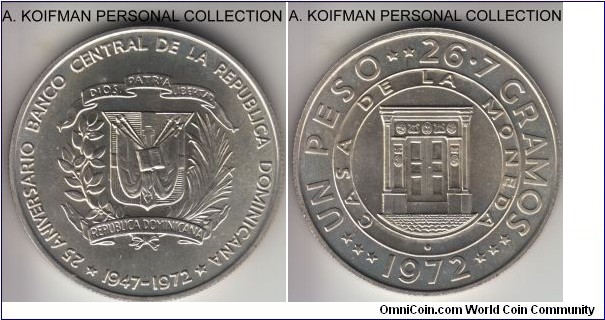 KM-34, 1972 Dominican Republic peso; silver, reeded edge; commemoration 25'th anniversary of the Central bank;  nice bright uncirculated, mintage 27,000.