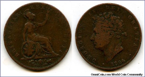 1826
Halfpenny
Britannia
shamrock/rose/thistle in ex
George IV
Laural head