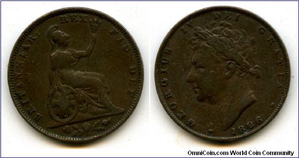 1826
Farthing
Britannia
shamrock/rose/thistle in ex
George IV
Laural head