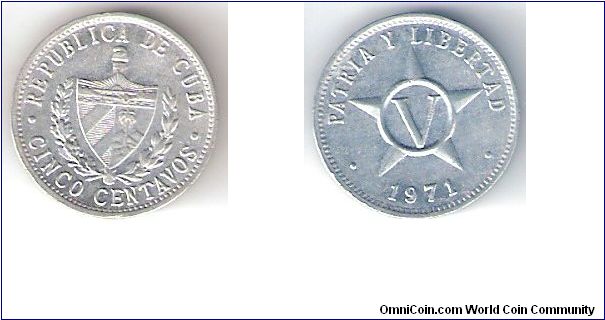 Cuba

Year: 1971
Denomination:
5 Centavos