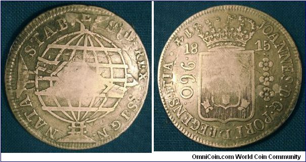 Brazilian 1815 960 Reis overstruck on an 1814 8 Reale from Santiago...which is about 10x as rare as the 960 Reis struck over it, haha. I really like the over-strikes. 

26.27g Assayer F.J. on 8 reale assured fineness of silver for these overstrikes.