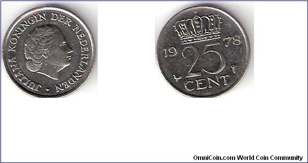 The Netherlands

1978

25 Cents

Obverse:
Juliana Koningin

Reverse:
Royal Crown