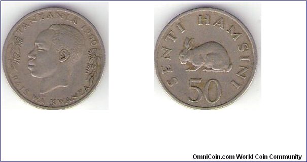 Tanzania

1980

50 Hamsini

Obverse:
Rais Wa Kwanza

Reverse:
Rabbit