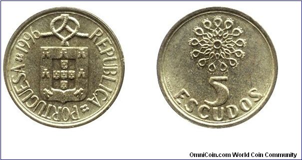 Portugal 5 escudos, 1996, Ni-Brass.                                                                                                                                                                                                                                                                                                                                                                                                                                                                                 
