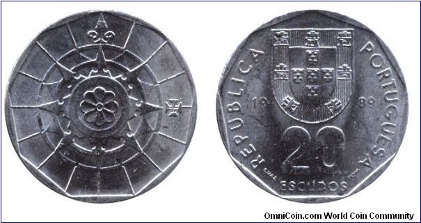 Portugal, 20 escudos, 1989, Cu-Ni.                                                                                                                                                                                                                                                                                                                                                                                                                                                                                  