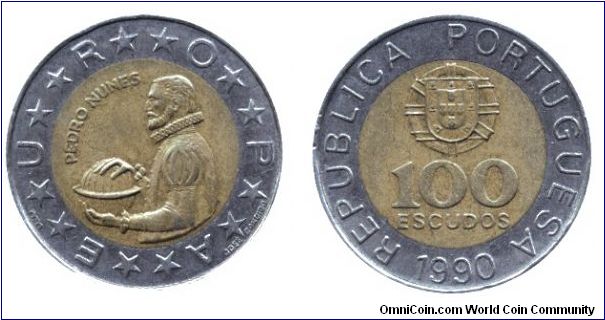 Portugal, 100 escudos, 1990, Cu-Ni-Al-Bronze, bi-metallic, Pedro Nunes, Europa.                                                                                                                                                                                                                                                                                                                                                                                                                                     
