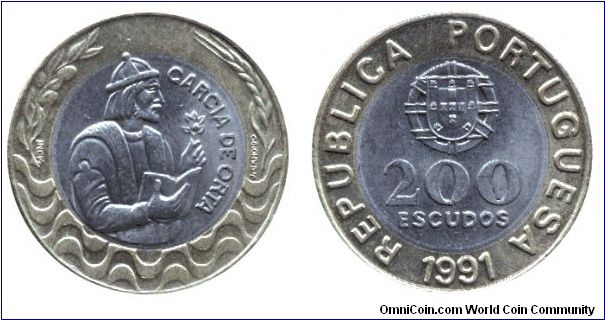 Portugal, 200 escudos, 1991, Al-B-Cu-Ni, bi-metallic, Garcia de Orta.                                                                                                                                                                                                                                                                                                                                                                                                                                               