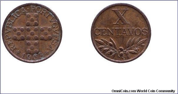 Portugal, 10 centavos, 1963, Bronze, Republica Portuguesa, Quinas cross.                                                                                                                                                                                                                                                                                                                                                                                                                                            