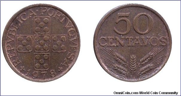 Portugal, 50 centavos, 1978, Bronze, Wheat, Republica Portugesa, Quinas cross.                                                                                                                                                                                                                                                                                                                                                                                                                                      