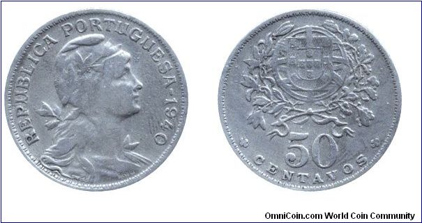 Portugal, 50 centavos, 1940, Cu-Ni, Woman's head.                                                                                                                                                                                                                                                                                                                                                                                                                                                                   