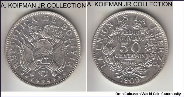 KM-177, 1909 Bolivia 1/2 boliviano or 50 centavos, Heaton mint (H mintmark); silver, reeded edge; relatively uncommon one year issue in almost uncirculated condition, cleaned or dipped and retoning.
