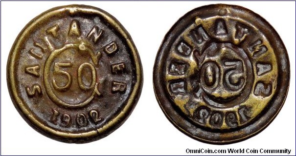 SANTANDER~50 Centavo 1902. Civil war coinage for Santander,Colombia made from spent rifle shells.