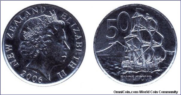 New Zealand, 50 cents, 2006, Queen Elizabeth II, Ship Endeavour.                                                                                                                                                                                                                                                                                                                                                                                                                                                    