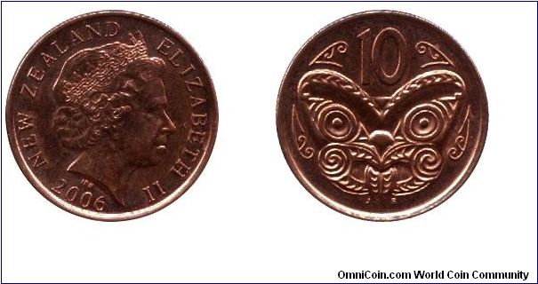 New Zealand, 10 cents, 2006, Queen Elizabeth II, Maori mask.                                                                                                                                                                                                                                                                                                                                                                                                                                                        