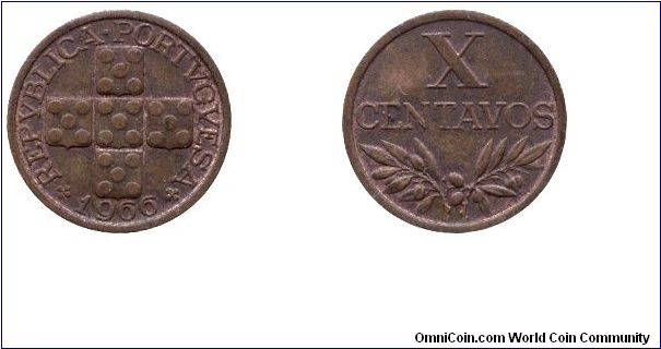 Portugal, 10 centavos, 1966, Bronze, Republica Portuguesa, Quinas cross.                                                                                                                                                                                                                                                                                                                                                                                                                                            