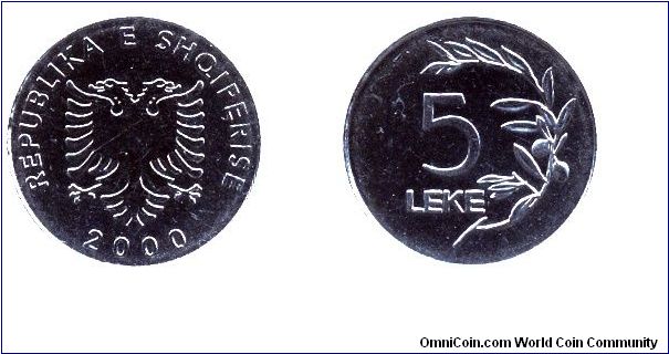 Albania, 5 leke, 2000, Oil branch.                                                                                                                                                                                                                                                                                                                                                                                                                                                                                  