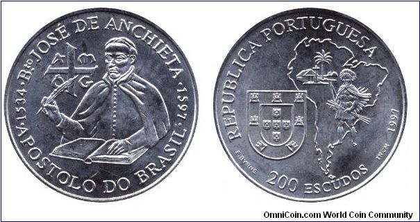 Portugal, 200 escudos, 1997, 1534-1597, Bto Jose de Anchieta, Apostolo do Brasil, Republica Portuguesa.                                                                                                                                                                                                                                                                                                                                                                                                             