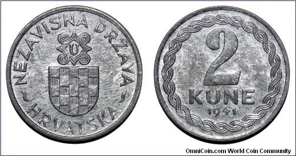 CROATIA (INDEPENDENT STATE)~2 Kune 1941. Ustashe issue under German occupation.