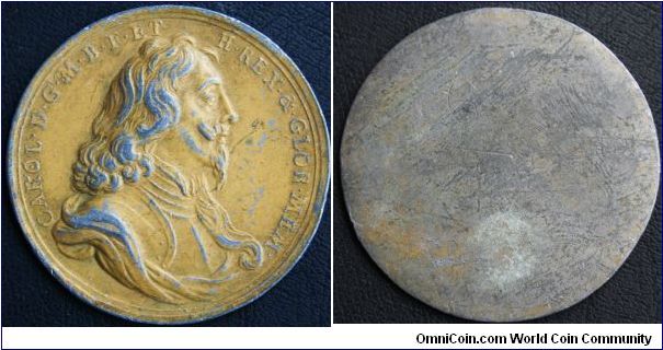 Trial Strike of Charles the First Memorial Medal by J.Roettiers circa 1680 after the restoration of the Monarchy. lead 50mm.  Notice this is not signed R under the bust as is the finished medal MI 346/200