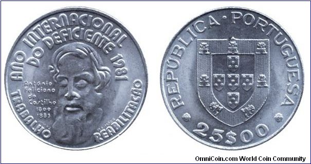 Portugal, 25 escudos, 1984, Cu-Ni, Ano Internacional do Deficiente 1981, António Feliciano de Castilho, 1800-1885, Trabalho Reabilitacao.                                                                                                                                                                                                                                                                                                                                                                           