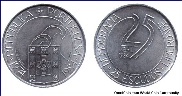 Portugal, 25 escudos, 1984, Cu-Ni, 1974-1984, 1984 Abril 25, Democracia, Liberdade.                                                                                                                                                                                                                                                                                                                                                                                                                                 