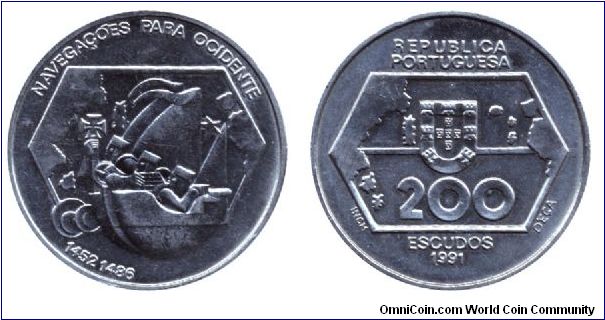 Portugal, 200 escudos, 1991, Cu-Ni, Navegacoes para ocidente, 1452-1486.                                                                                                                                                                                                                                                                                                                                                                                                                                            