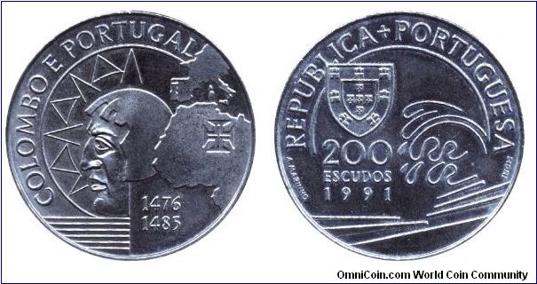 Portugal, 200 escudos, 1991, Cu-Ni, Colombo e Portugal, 1476-1485.                                                                                                                                                                                                                                                                                                                                                                                                                                                  