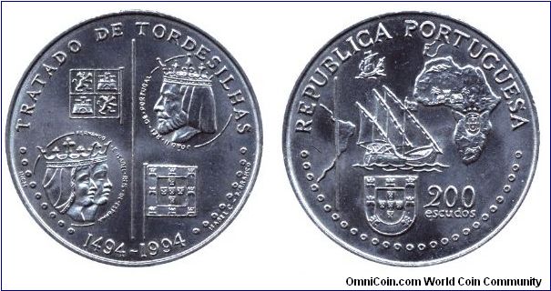 Portugal, 200 escudos, 1994, Cu-NI, 1494-1994, Tartado de Tordesilhas, Joao II Rei de Portugal, Fernando e Isabelle Reis de Espanna.                                                                                                                                                                                                                                                                                                                                                                                
