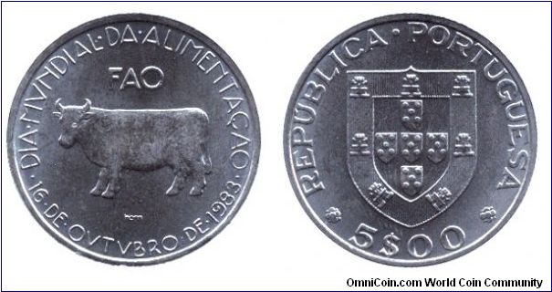 Portugal, 5 escudos, 1983, Cu-Ni, FAO, Cow, 16 de Outubro de 1983 - Dia Mundial da Alimentacao.                                                                                                                                                                                                                                                                                                                                                                                                                     