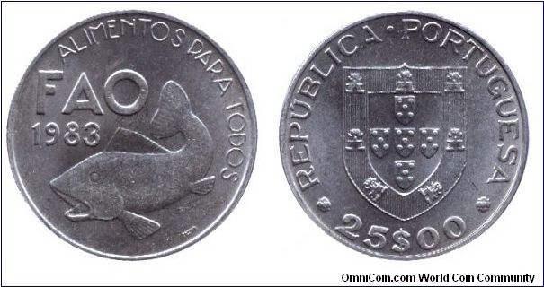 Portugal, 25 escudos, 1983, Cu-Ni, FAO, Fish, Alimentos para Todos.                                                                                                                                                                                                                                                                                                                                                                                                                                                 