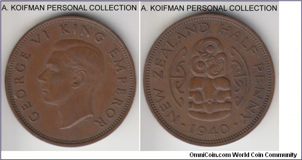 KM-12, 1940 New Zealand half penny; bronze, plain edge; first year of bronze New Zealand mintage, brown extra fine condition.
