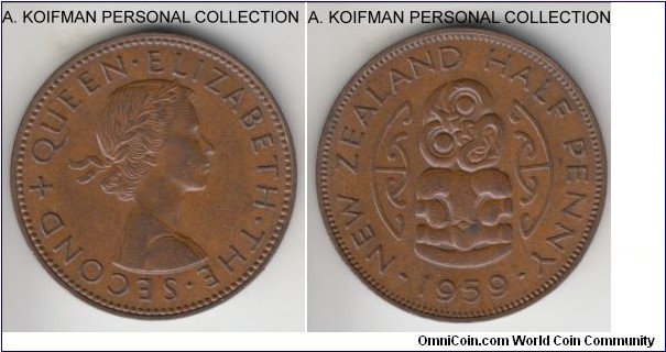 KM-23.2, 1959 New Zealand half penny; bronze, plain edge; light brown about uncirculated.