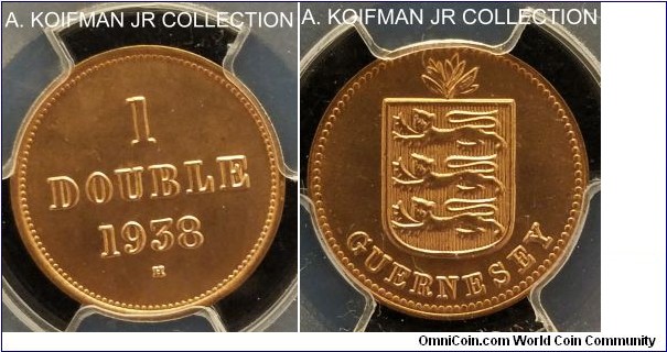 KM-11, 1938 Guernsey double, Heaton mint (H mint mark); bronze, plain edge; George VI, last year of the type, mintage 90,000, PCGS graded MS 66 RD.