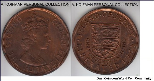 KM-20, ND (1954) Jersey 1/12'th of a shilling; bronze, plain edge; dark mostly brown about uncirculated.