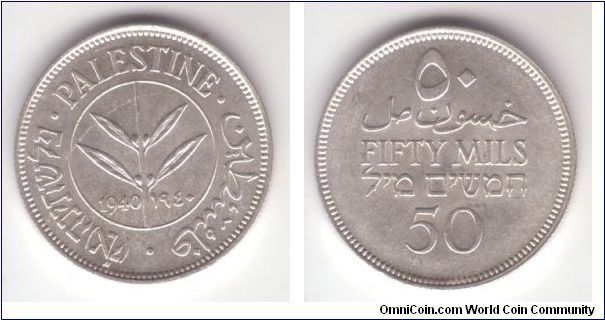 KM-6, 1940 Palestine 50 mils; high grade condition