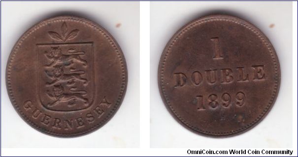 KM-10, 1899 Guernsey double; nice extra fine or higher condition; as all later coinage for Guernsey minted at Heaton.