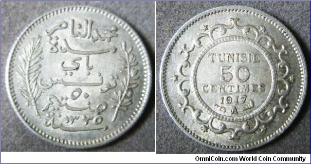 Tunisie, 50 centimes, 1917. UNC.