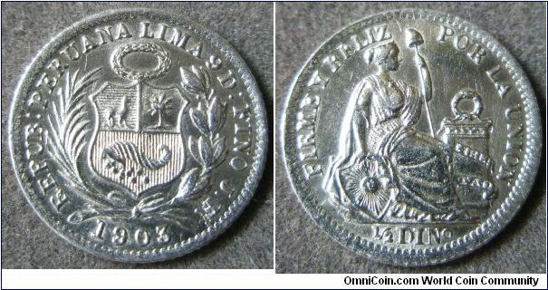 Peru, 1/2 DIN, 1908. AU.