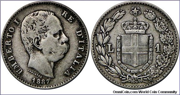 Umberto I (1861 - 1878), 1 Lira, 1887M. 4.96g, 23mm, 0.8350 Silver, .1342 Oz. ASW. Mintage: 16,305,000 uints. Nearly very fine to very fine